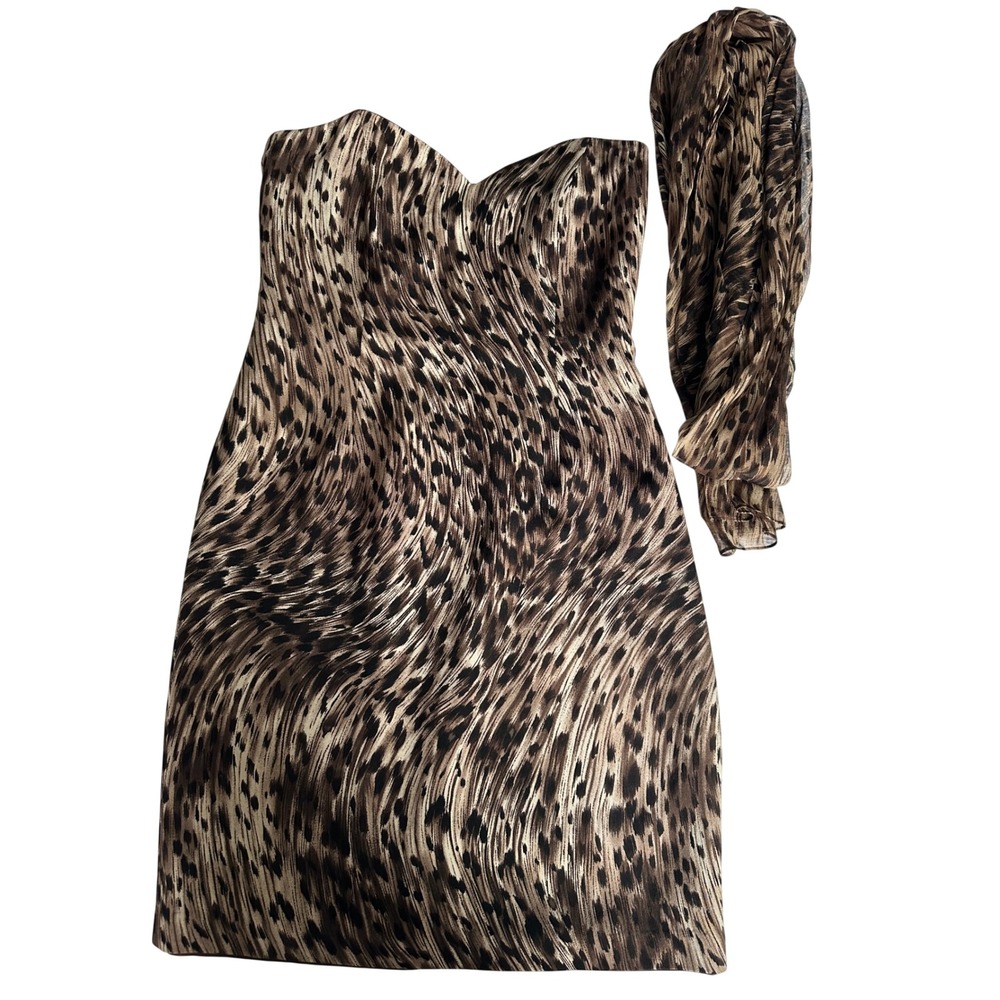 David Meister 100% Silk Leopard Print Strapless Mini Dress Matching Scarf 8